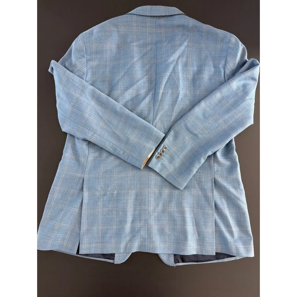 Ermenegildo Zegna Mens Blue Plaid Wool Silk Blazer Sport Coat Made in Italy 46L